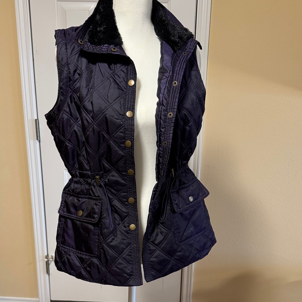 Indigo Quilted Vest with Black Faux Fur